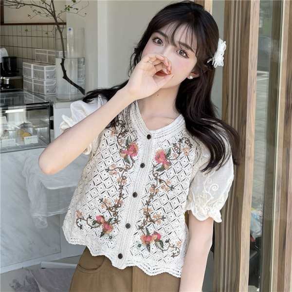 Korean Style Chic Top Summer New Style Knit Sweater Women Thin Hollow Puff Sleeve Stitching Short-Sleeved Cardigan Tide